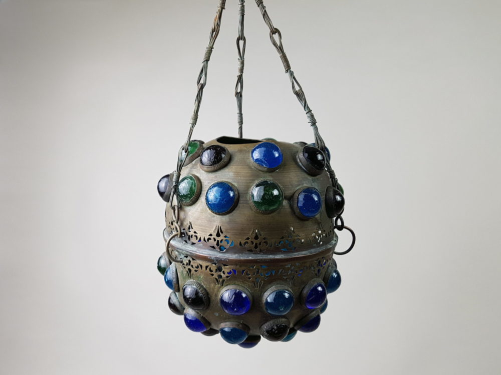 Antique Church Procession Lantern with stained glass