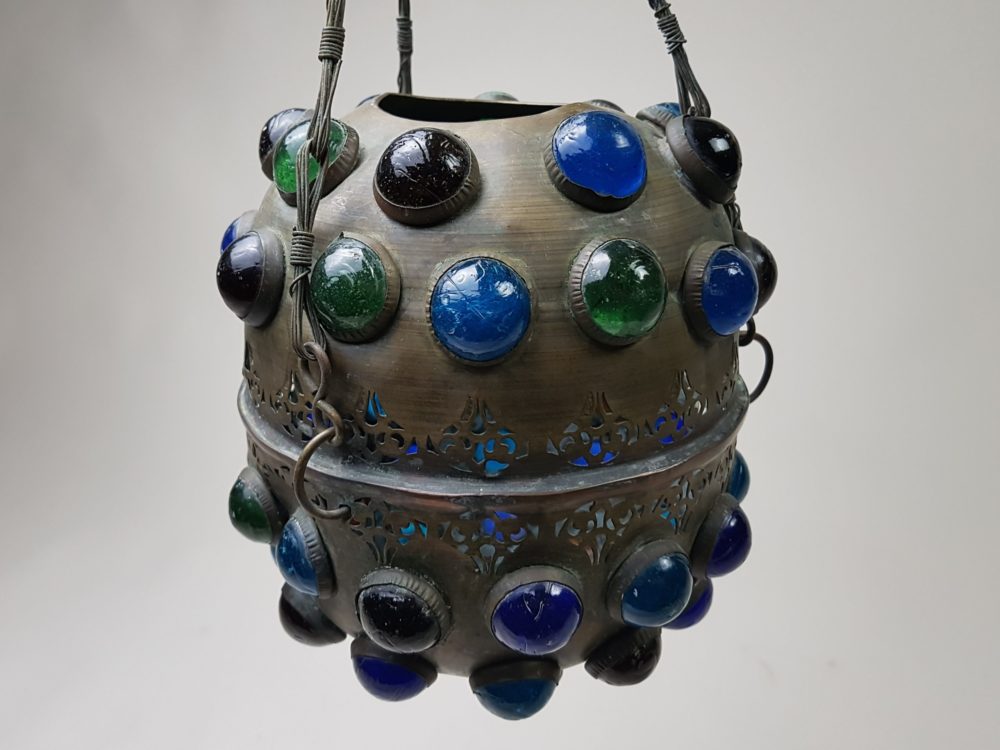 Antique Church Procession Lantern with stained glass