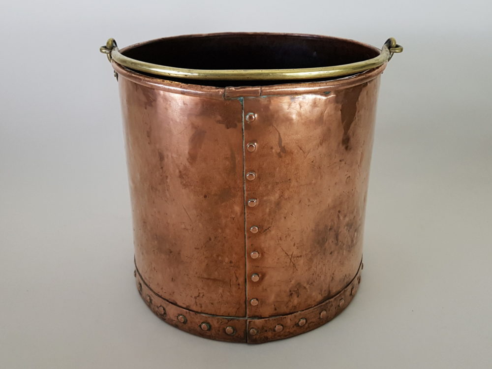 Antique English riveted copper Bucket with Handle or Log Basket