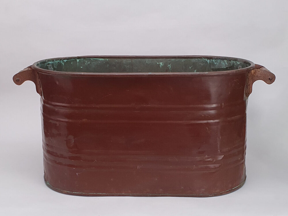 Antique French copper Wine Cooler or Log Basket in original maroon paint