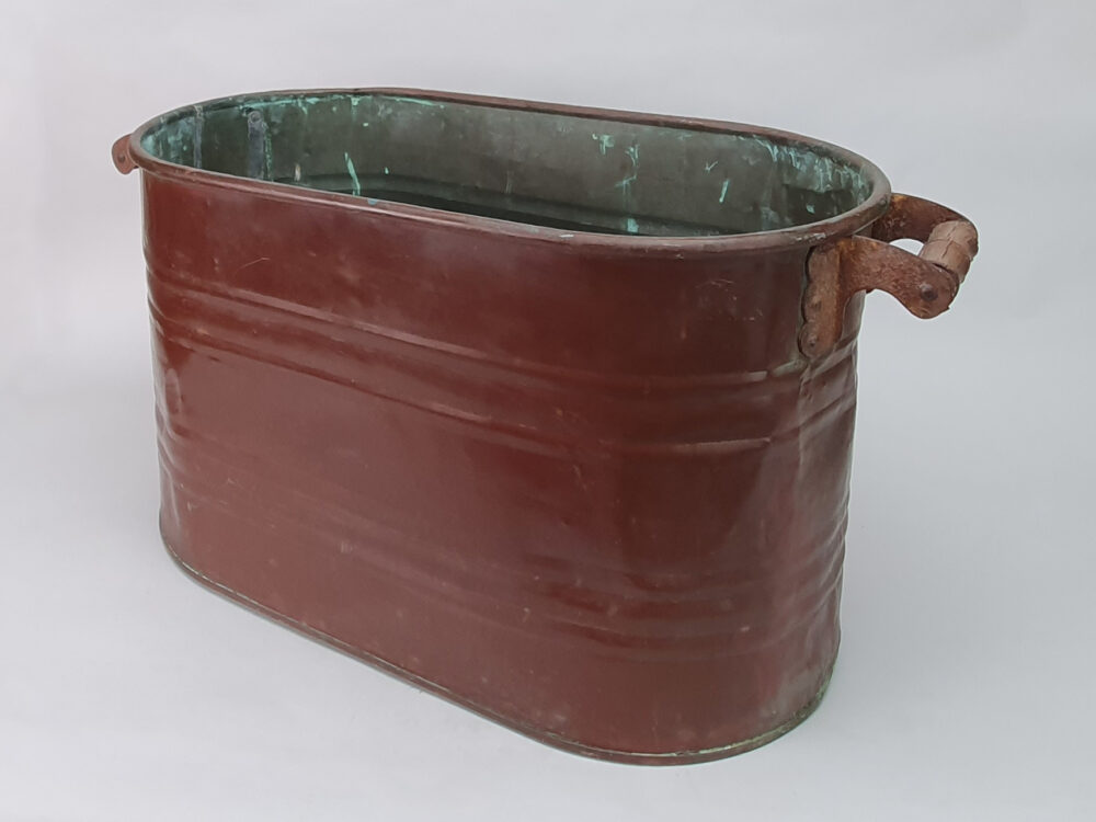 Antique French copper Wine Cooler or Log Basket in original maroon paint