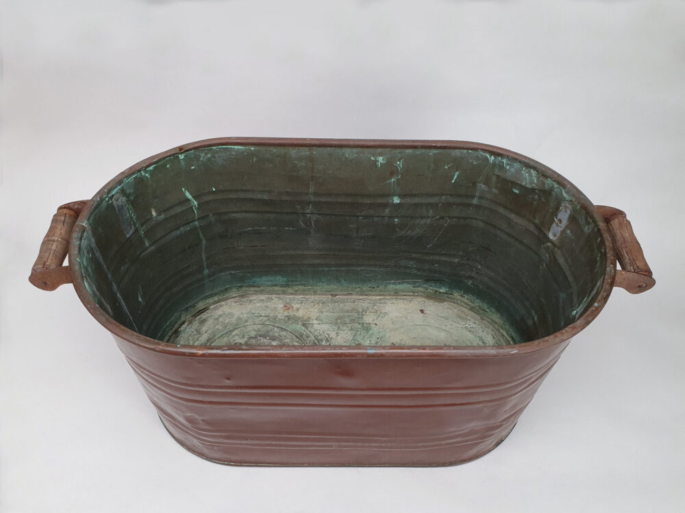 Antique French copper Wine Cooler or Log Basket in original maroon paint