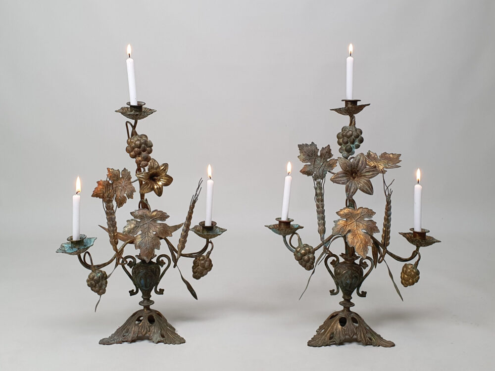 Antique French gilt metal Church Candelabra with a Wheatsheaf & Grape Design