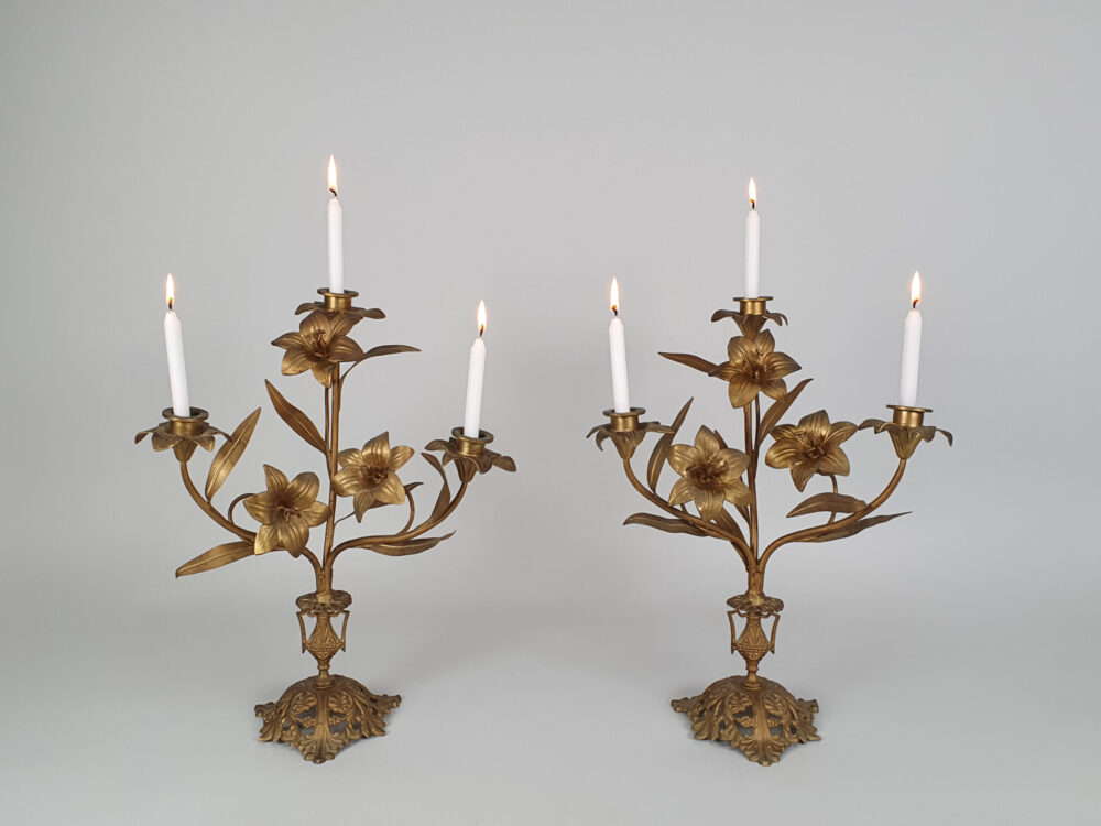 Antique French gilt metal Church Candelabra with floral designs