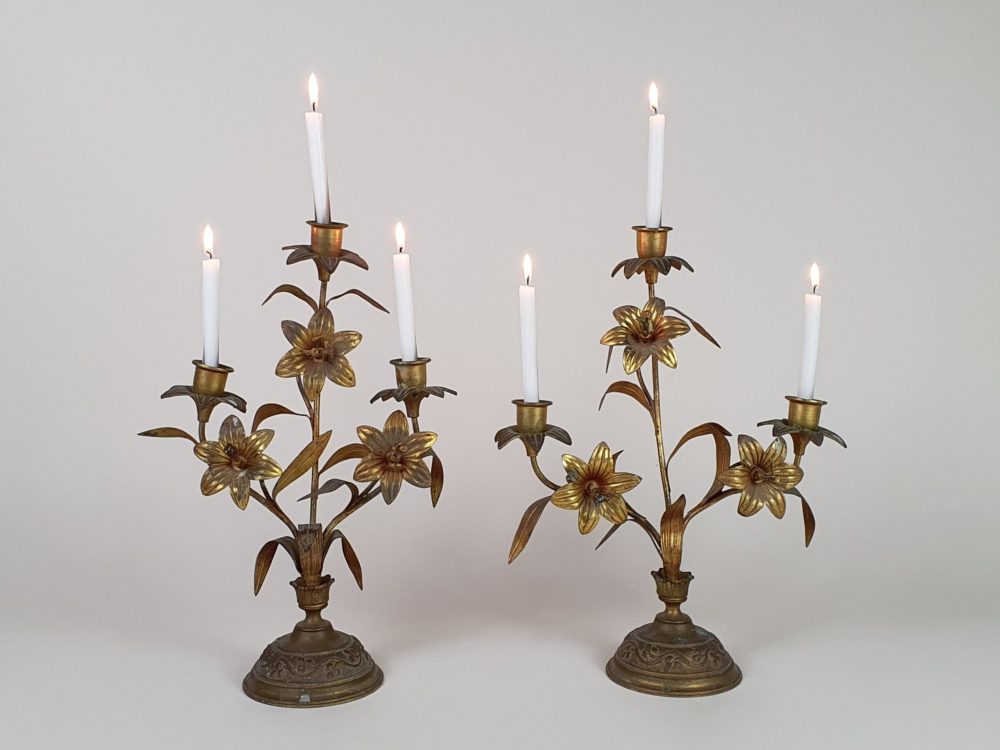 Antique French gilt metal Church Candelabras in a floral design