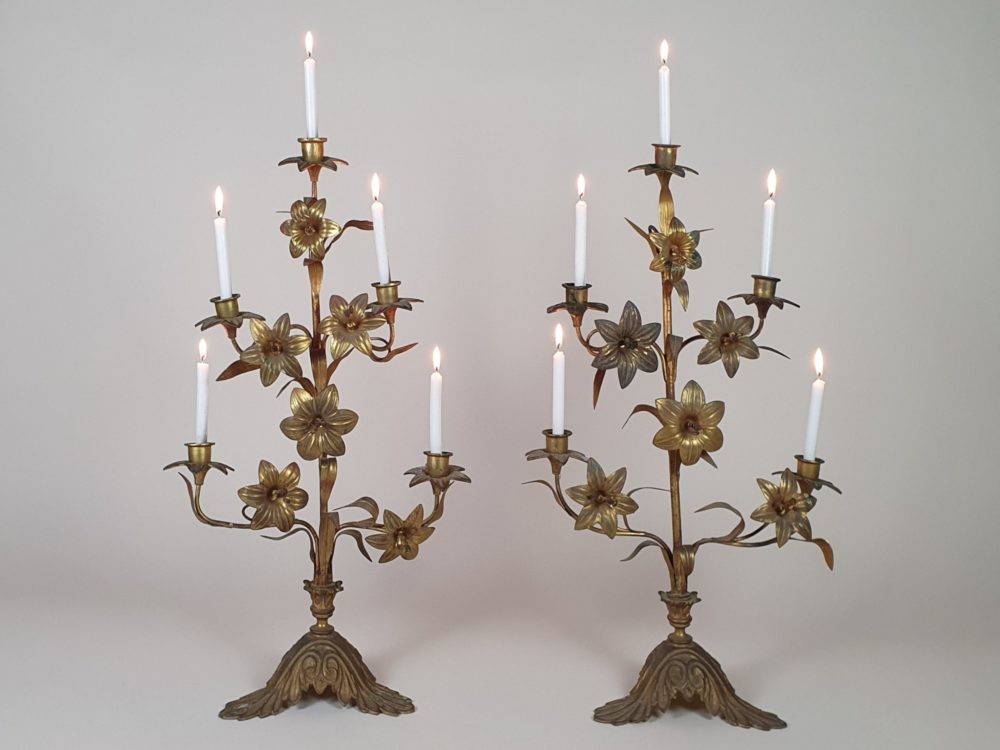 Antique French gilt metal Church Candelabras in a floral design