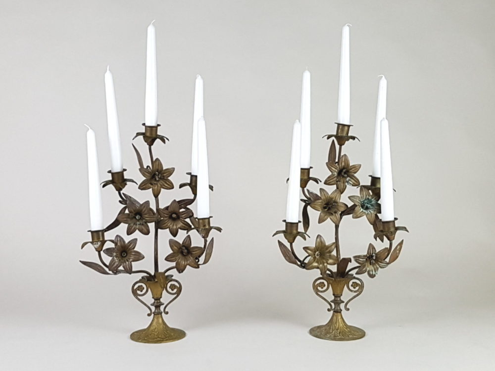 Antique French gilt metal Church Candelabras in a floral design