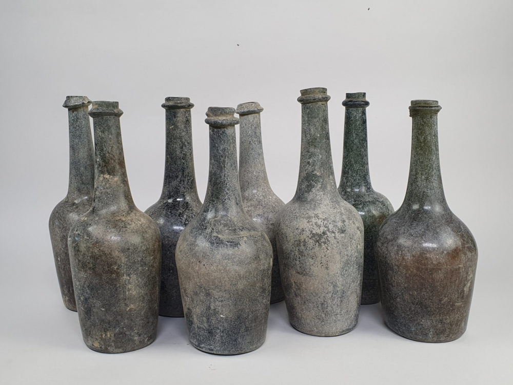 Antique French green wine bottles, dating from early 1700s