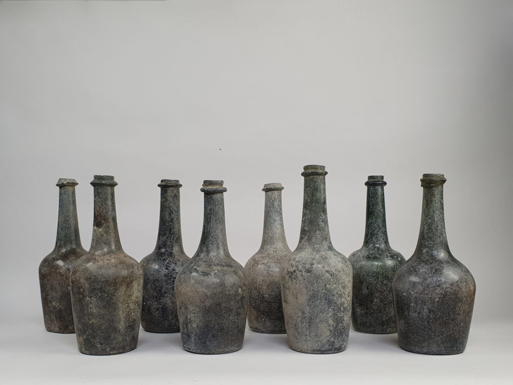 Antique French green wine bottles, dating from early 1700s