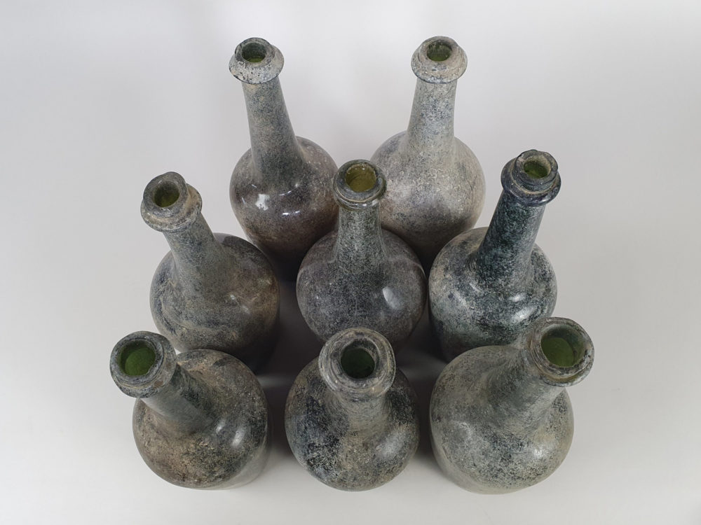 Antique French green wine bottles, dating from early 1700s