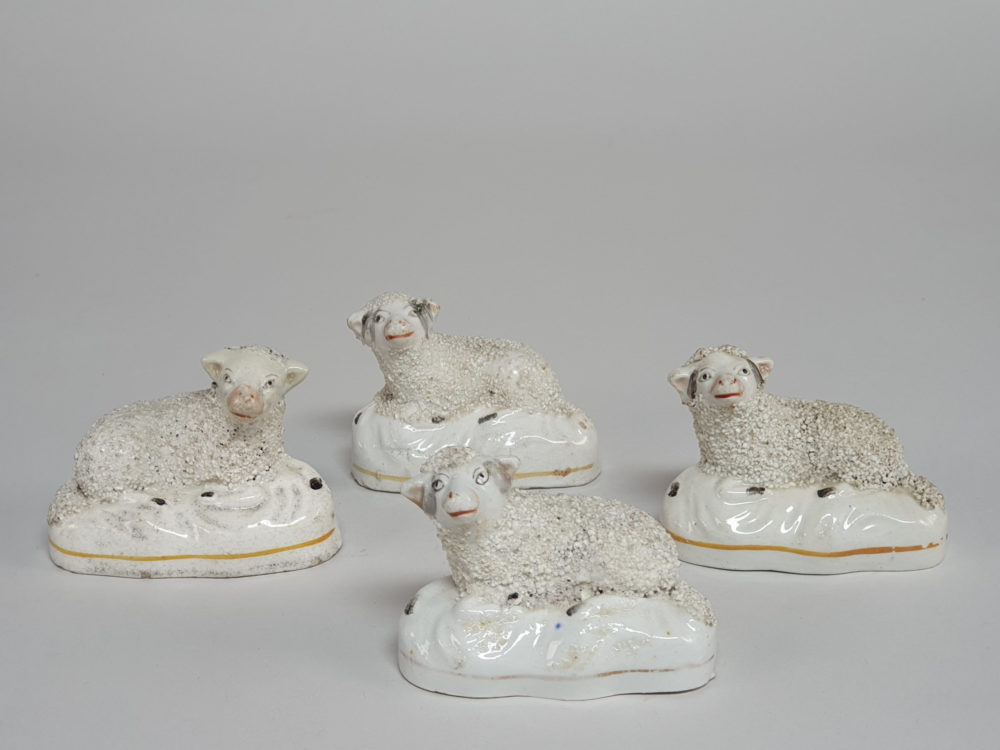 Victorian Staffordshire porcelain Sheep and Rams with Confetti Coats