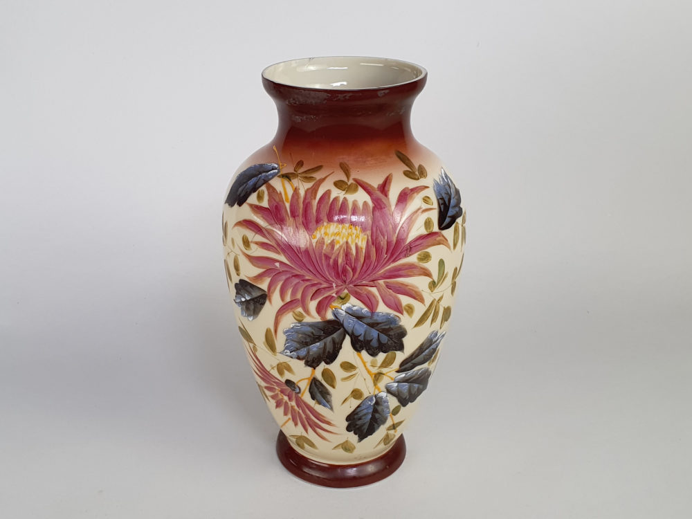 Antique Victorian opaline glass Vase with a hand painted floral relief
