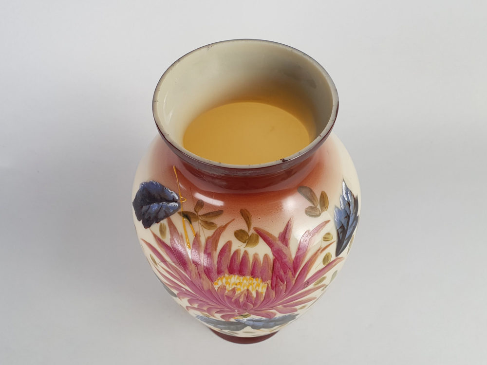 Antique Victorian opaline glass Vase with a hand painted floral relief