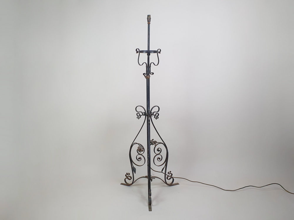 Antique black wrought iron Standard Lamp with ornate copper flowers