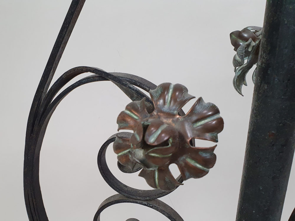 Antique black wrought iron Standard Lamp with ornate copper flowers