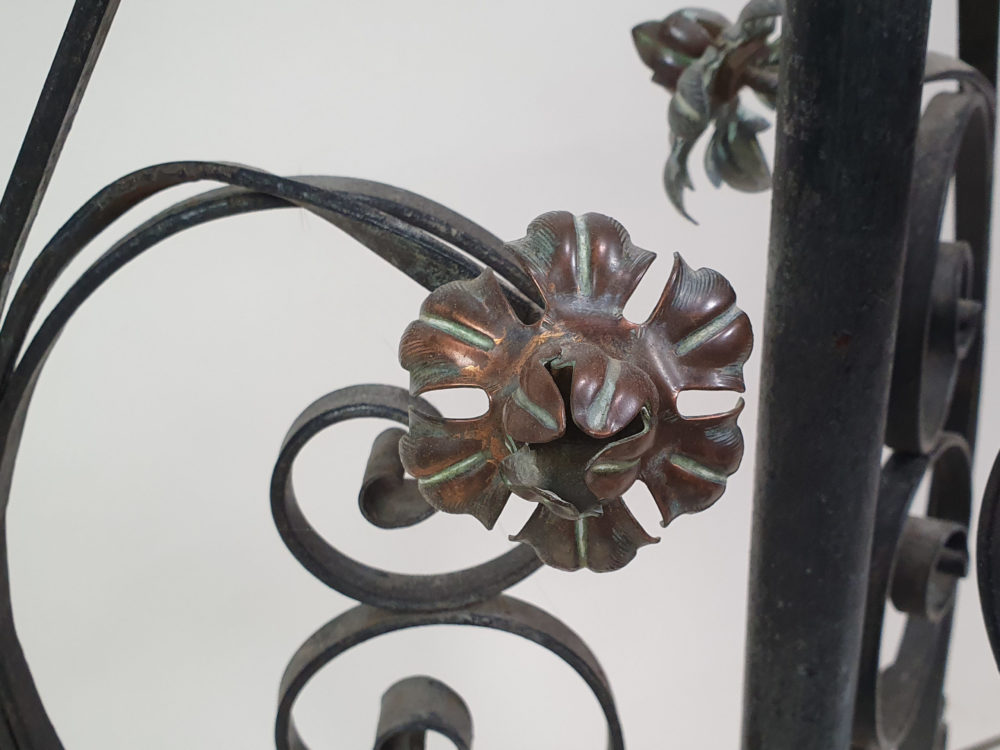Antique black wrought iron Standard Lamp with ornate copper flowers