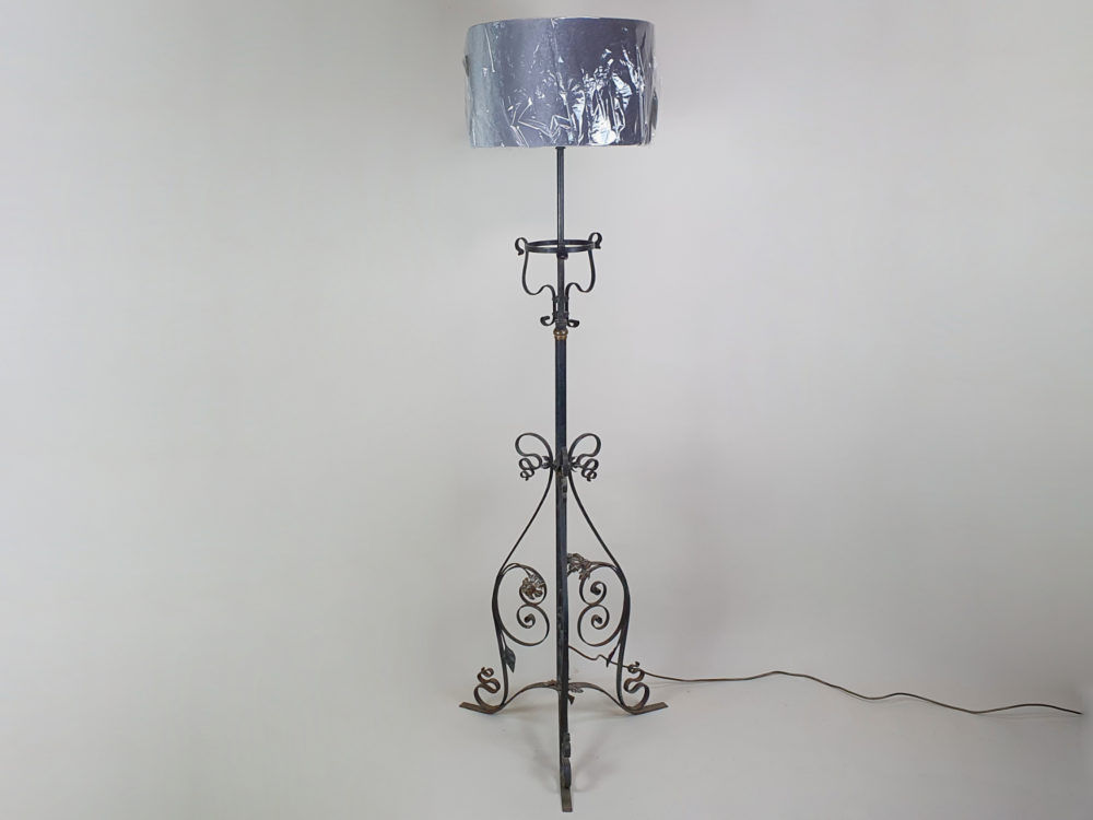 Antique black wrought iron Standard Lamp with ornate copper flowers