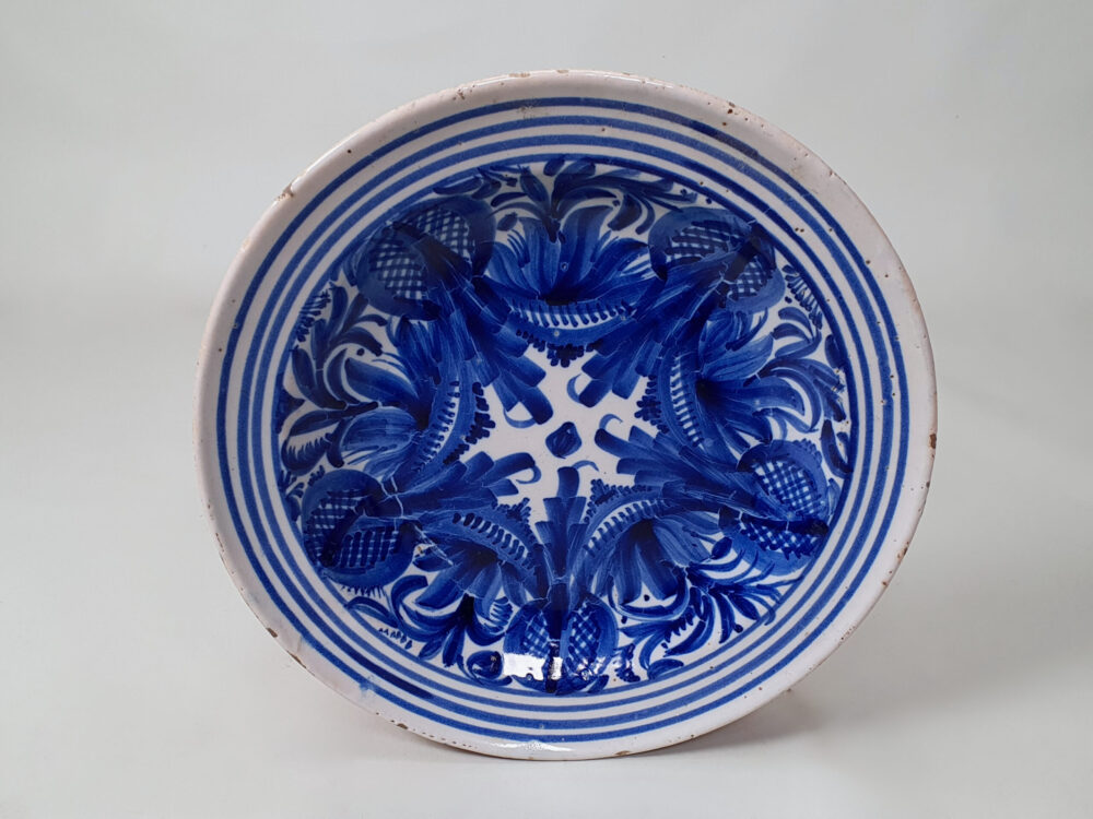 Antique ceramic 18th century blue and white tin glaze Charger