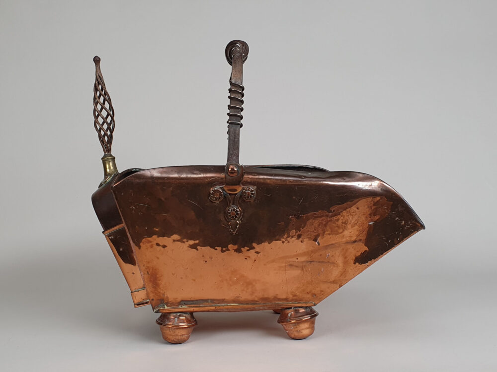 Antique copper Arts & Crafts Coal Scuttle with matching Shovel & Shovel Compartment