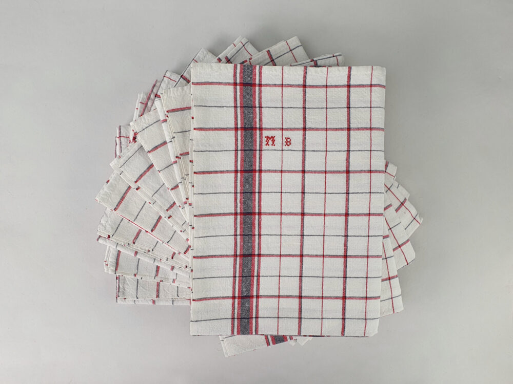 Antique cotton woven Torchons, or Tea Towels in a red cheque design with hand stitched monogram ~ MB