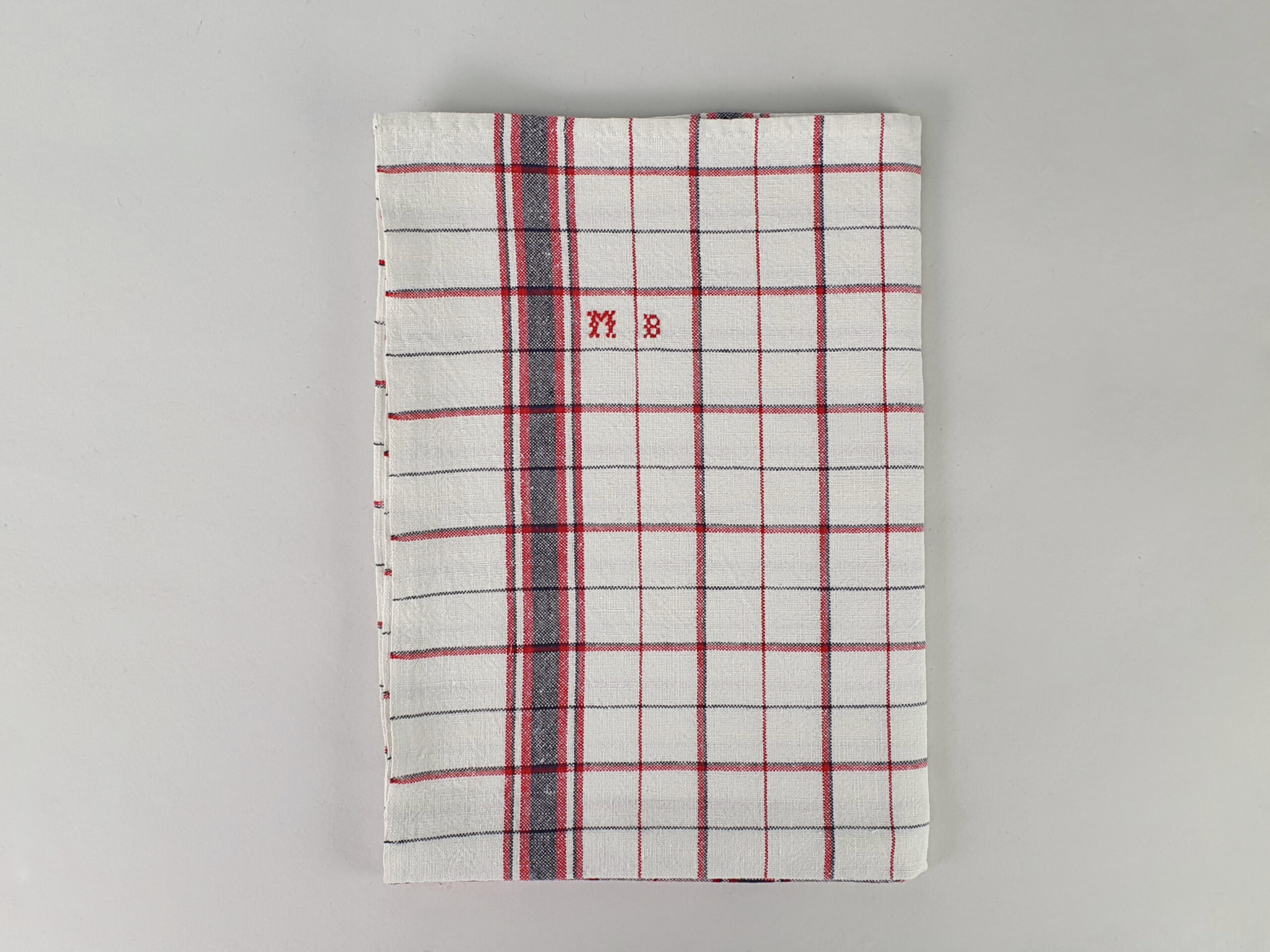 Antique cotton woven Torchons, or Tea Towels in a red cheque design with hand stitched monogram ~ MB