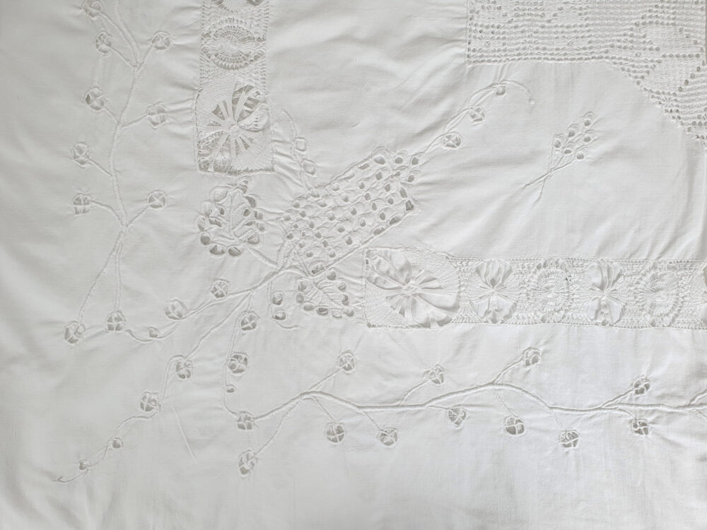 Antique embroidered large white Tablecloth