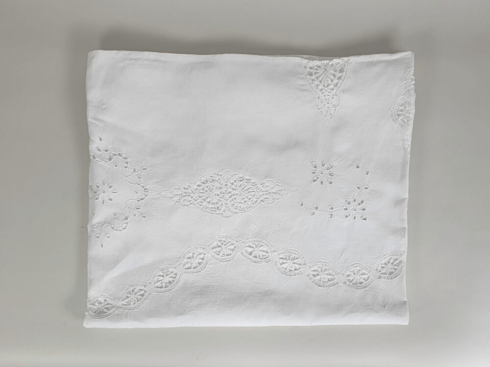 Antique embroidered large white Tablecloth