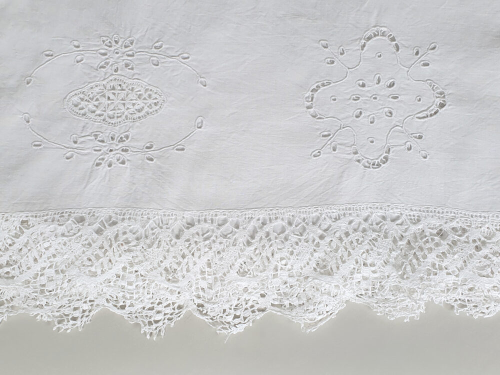 Antique embroidered large white Tablecloth