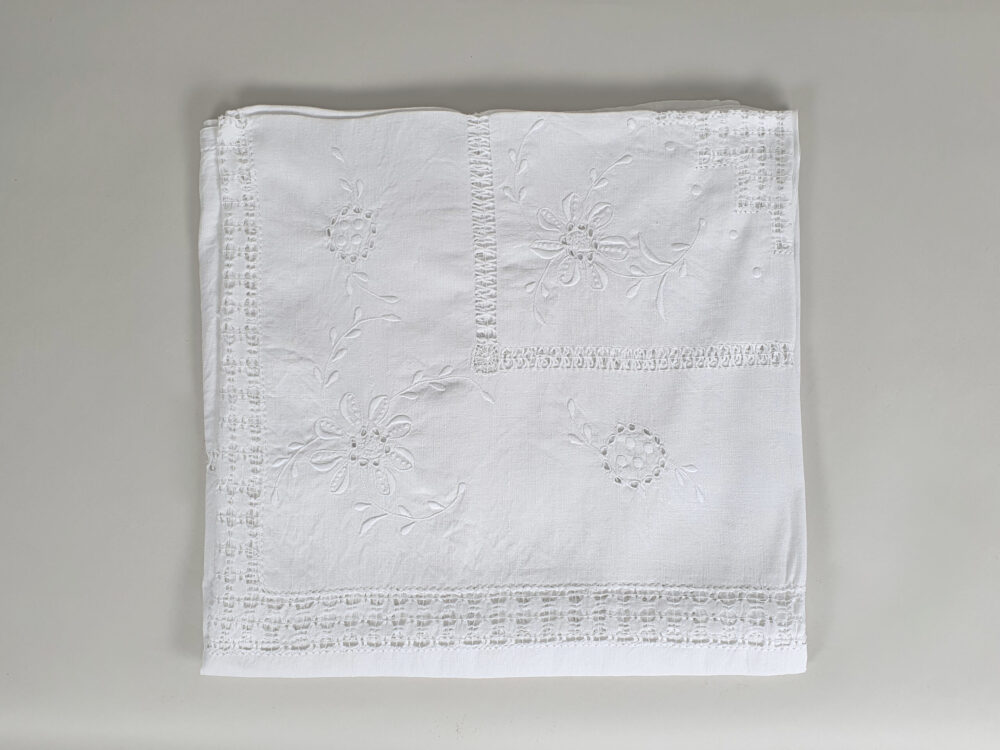 Antique embroidered large white Tablecloth