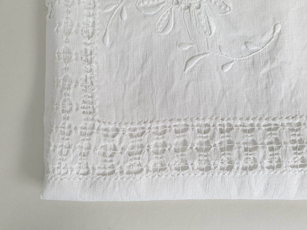 Antique embroidered large white Tablecloth