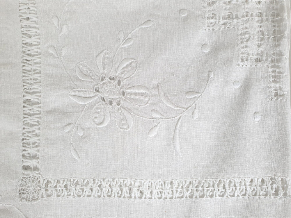 Antique embroidered large white Tablecloth