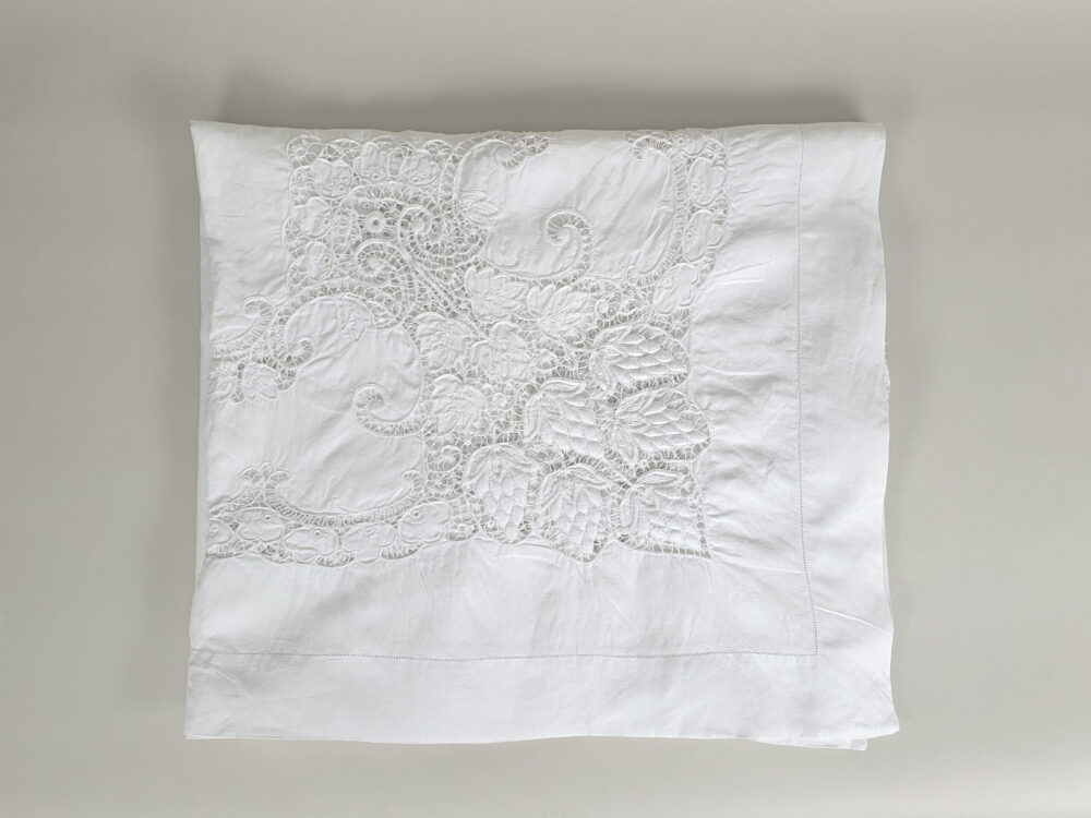 Antique embroidered large white Tablecloth