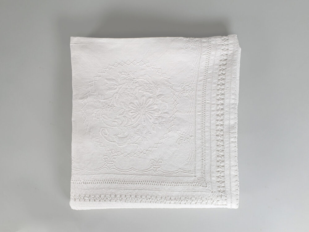 Antique embroidered white Tablecloth