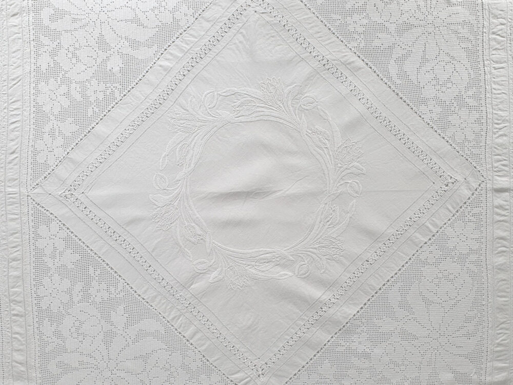 Antique embroidered white Tablecloth
