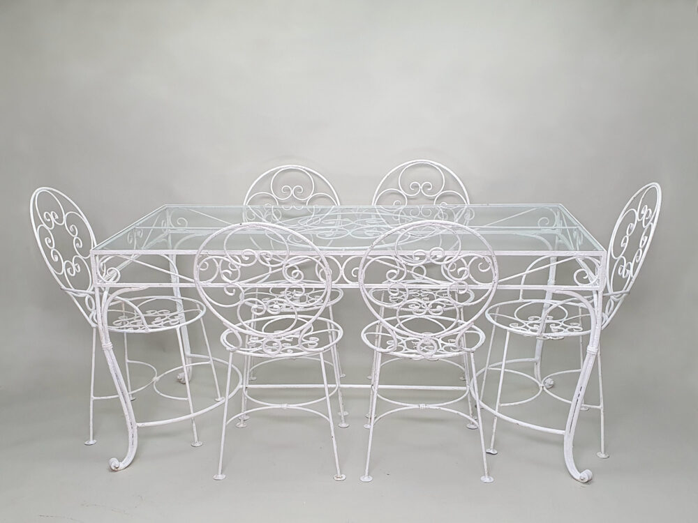 Antique garden Dining Table with glass top & 6 Chairs in old white paint