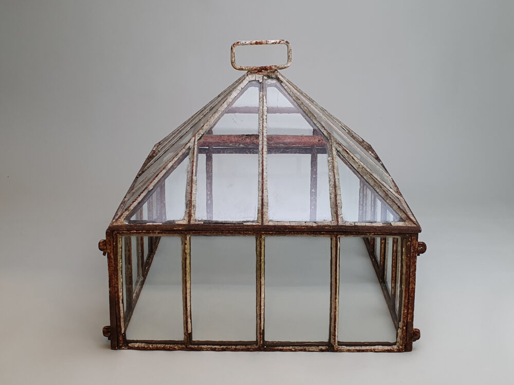Antique garden cast iron and glass pyramid top Cloche