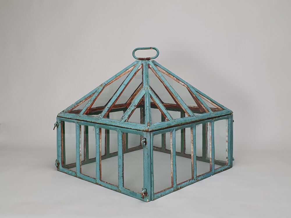 Antique garden cast iron and glass pyramid top Cloche in original duck egg blue paint