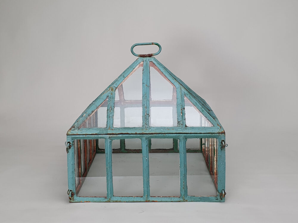 Antique garden cast iron and glass pyramid top Cloche in original duck egg blue paint