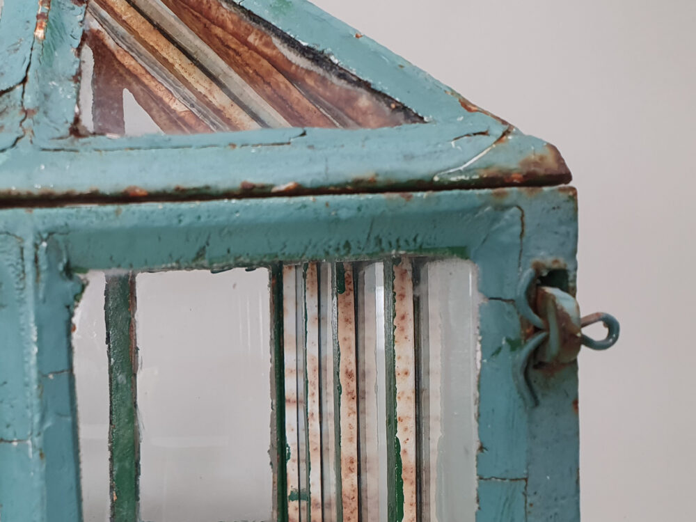 Antique garden cast iron and glass pyramid top Cloche in original duck egg blue paint