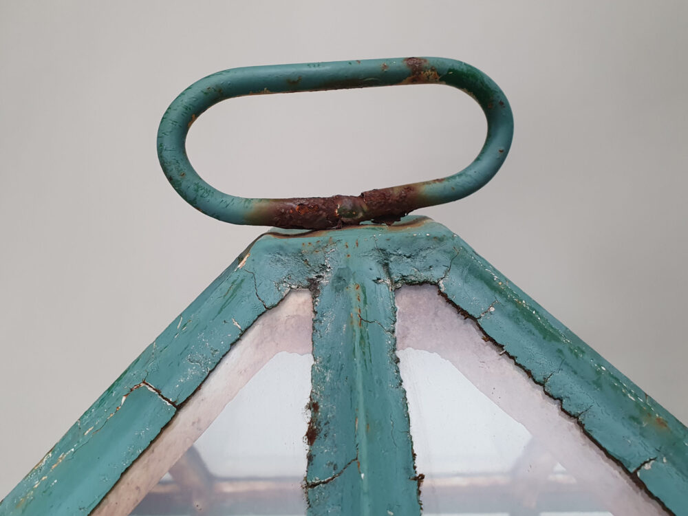 Antique garden cast iron and glass pyramid top Cloche in original duck egg blue paint