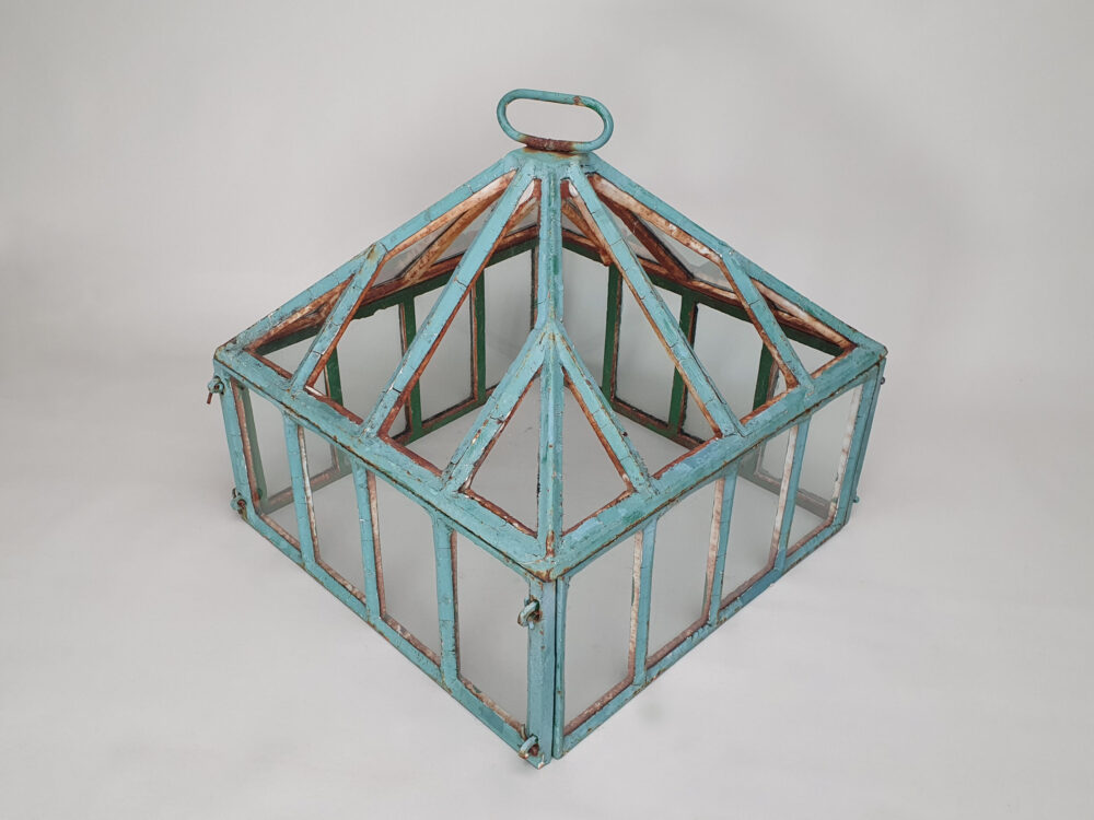 Antique garden cast iron and glass pyramid top Cloche in original duck egg blue paint