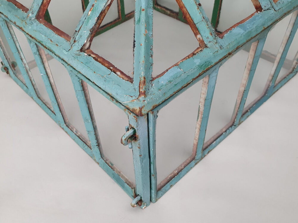 Antique garden cast iron and glass pyramid top Cloche in original duck egg blue paint