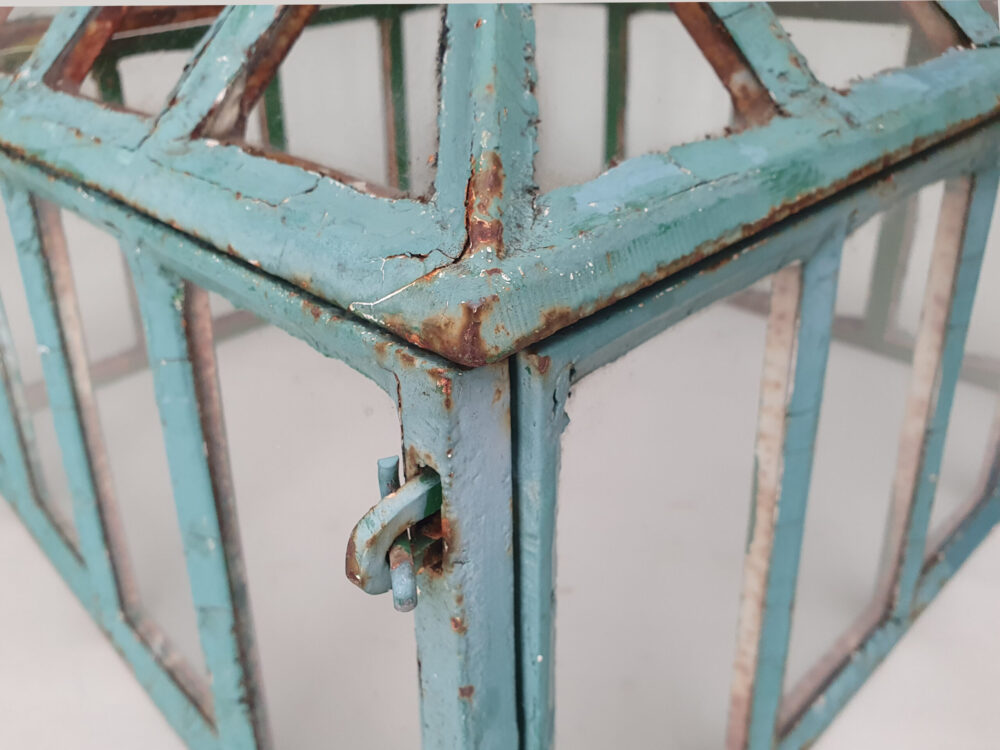 Antique garden cast iron and glass pyramid top Cloche in original duck egg blue paint