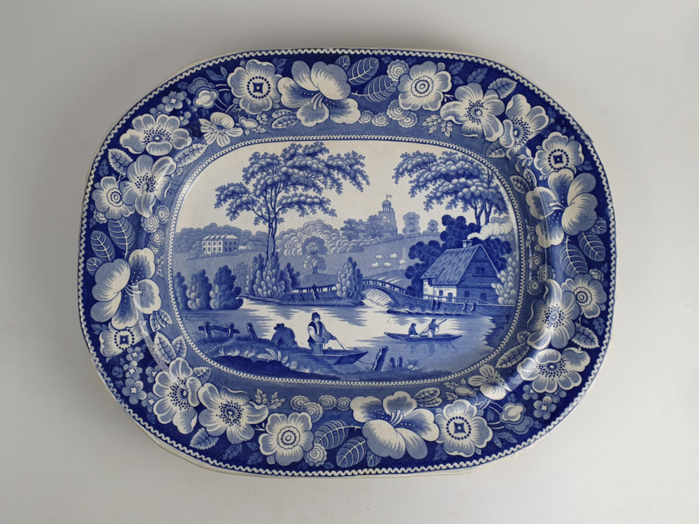 Antique Victorian blue and white transfer rose pattern Serving Dish or Platter
