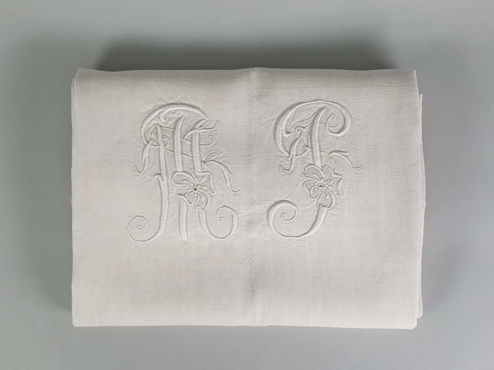 Antique linen French Sheet with monogram M J