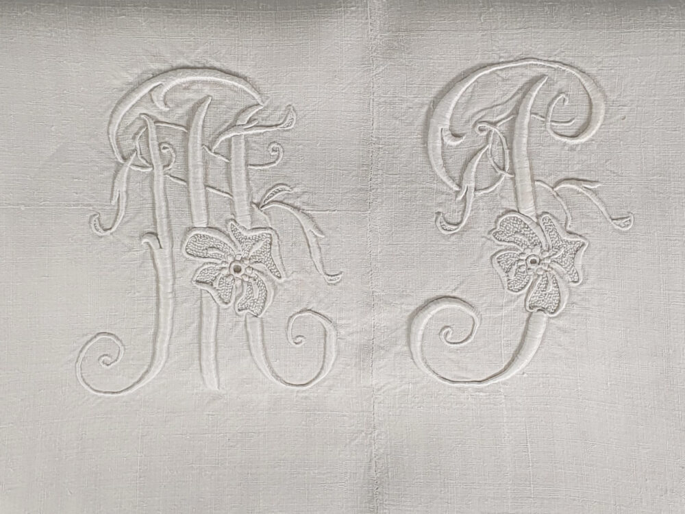 Antique linen French Sheet with monogram M J