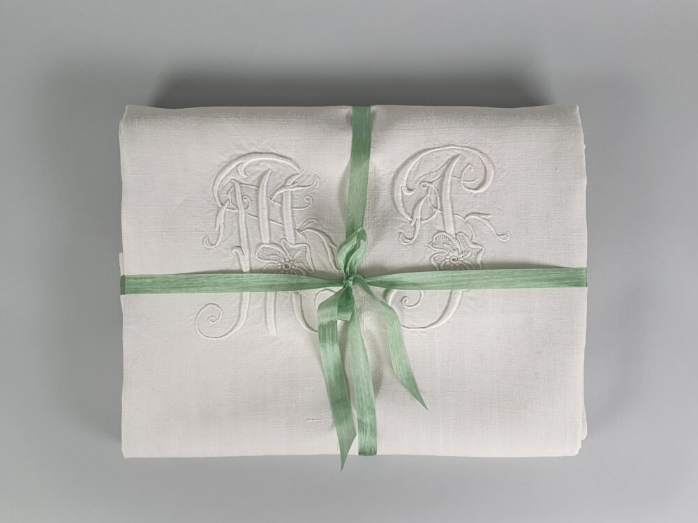 Antique linen French Sheet with monogram M J