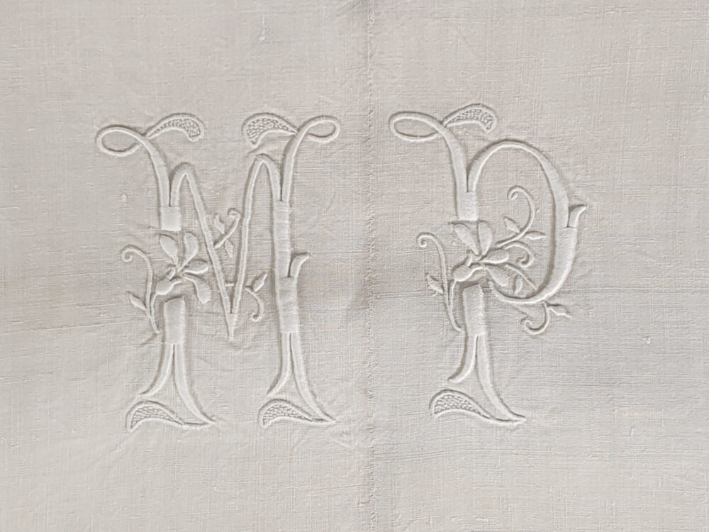 Antique linen French Sheet with monogram M P