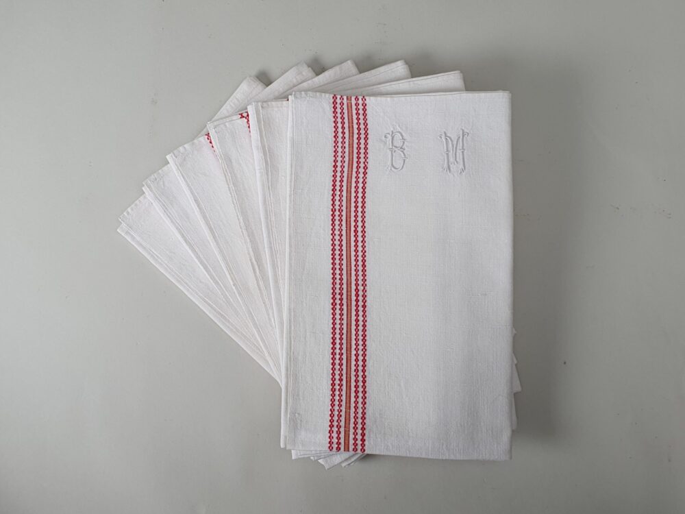 Antique linen cotton hand woven Torchons, or Tea Towels, with an antique embroidery monogram B M