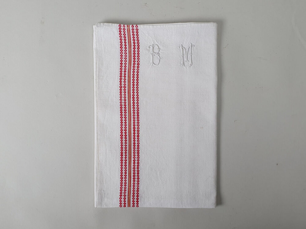Antique linen cotton hand woven Torchons, or Tea Towels, with an antique embroidery monogram B M